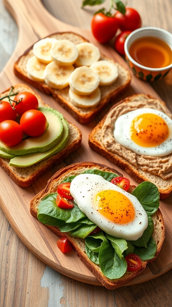 A colorful breakfast toast assortment with avocado, peanut butter banana, and eggs on toast.